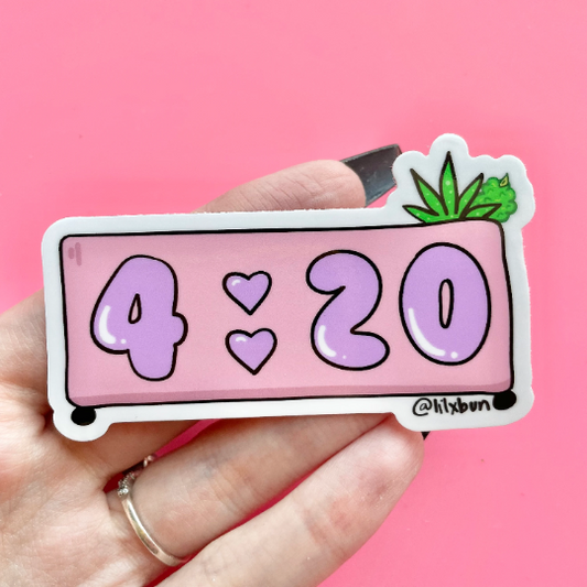 cannabis sticker stoner gift clock with 4:20 on it, pink with green weed leaf